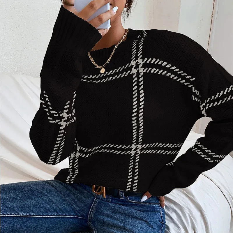 Women's loose-fit plaid colour-block acrylic sweater in multiple colour options