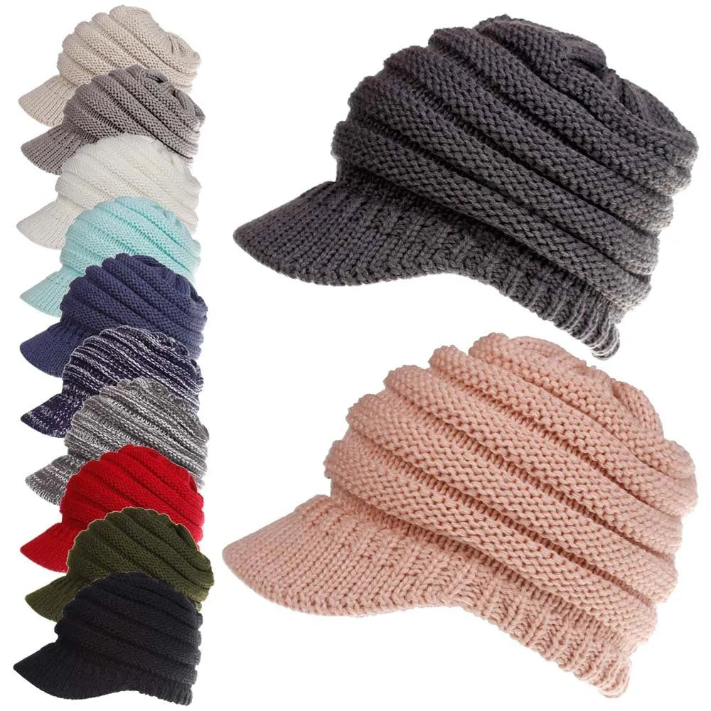 Women's acrylic ponytail beanie with back opening showing hairstyle accommodation