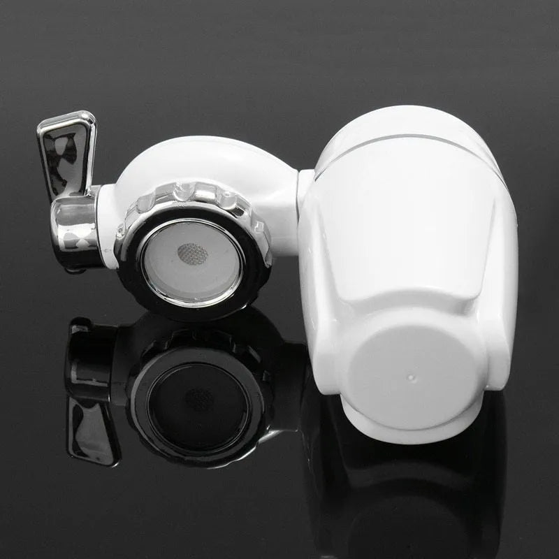 White plastic kitchen tap water filter with universal adapter and ceramic cartridge