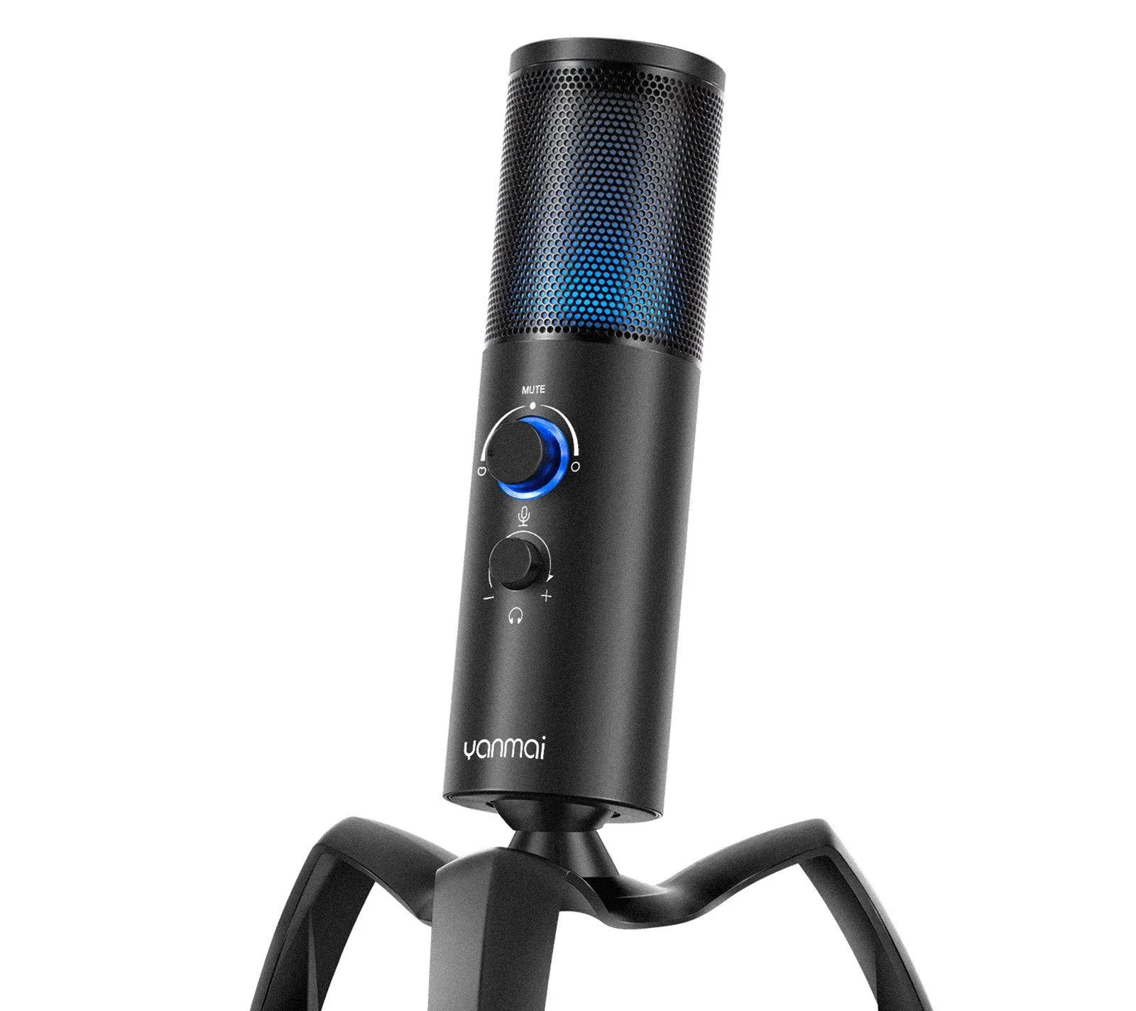 Black Q18 bidirectional USB condenser microphone with RGB lighting on rotating tripod stand