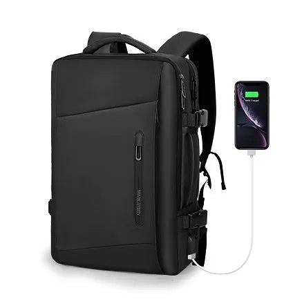 Large black men's backpack with multiple zippered pockets and 36-55 litre capacity