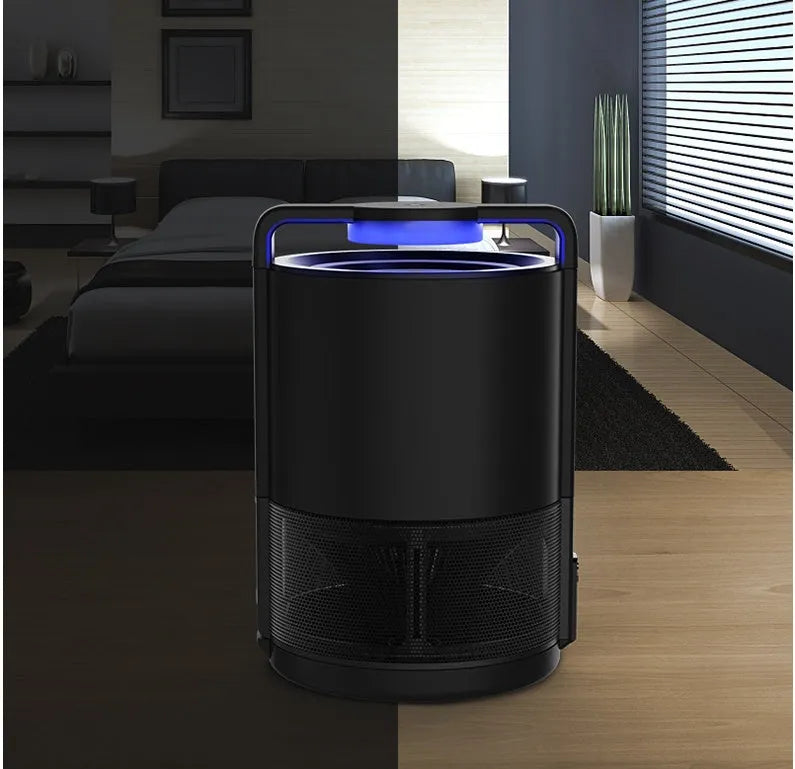 Black intelligent mosquito killer lamp with ABS housing, 13x14x20.6cm, on a table