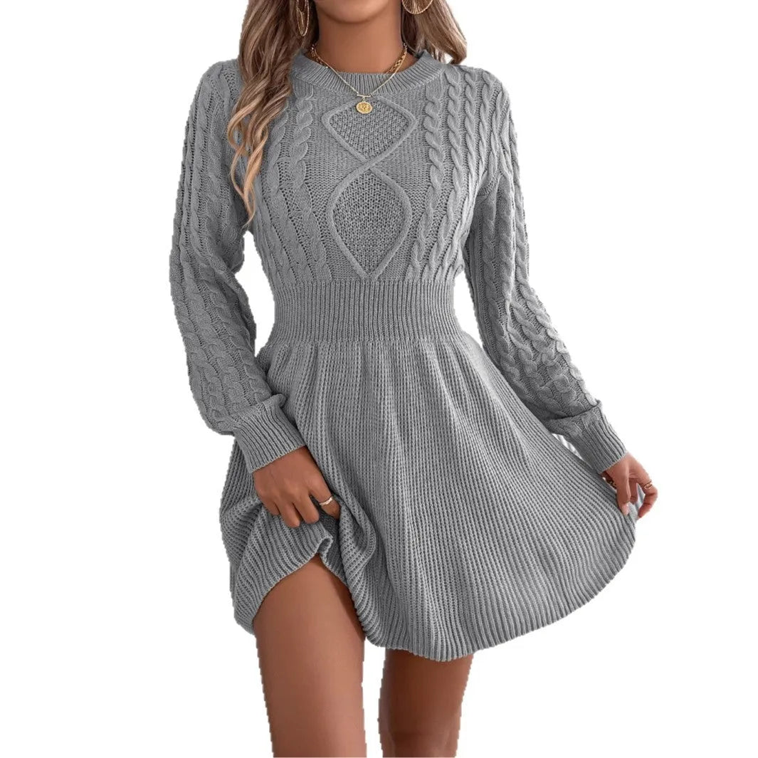 Women's black lantern sleeve sweater dress with elastic twist waist and midi length