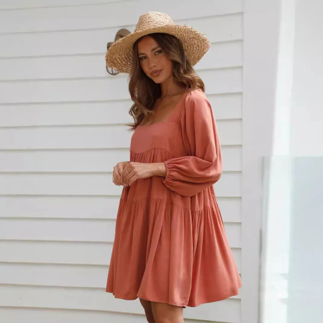 Children's backless dress with square collar and puff sleeves in A-line silhouette