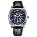 Stainless steel automatic mechanical men's watch with a leather strap in one of four colour options.
