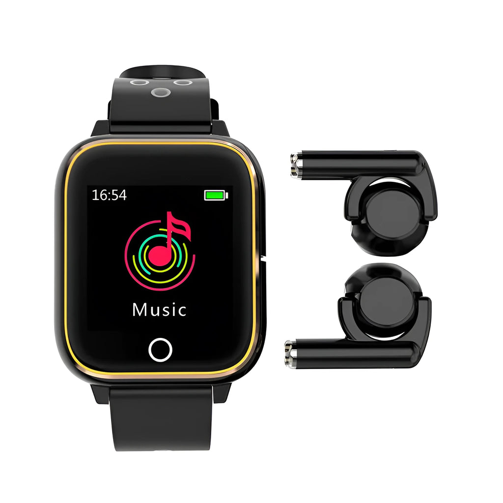 Black smart watch with integrated Bluetooth earbuds stored in the watch body, showing a 1.4-inch display.