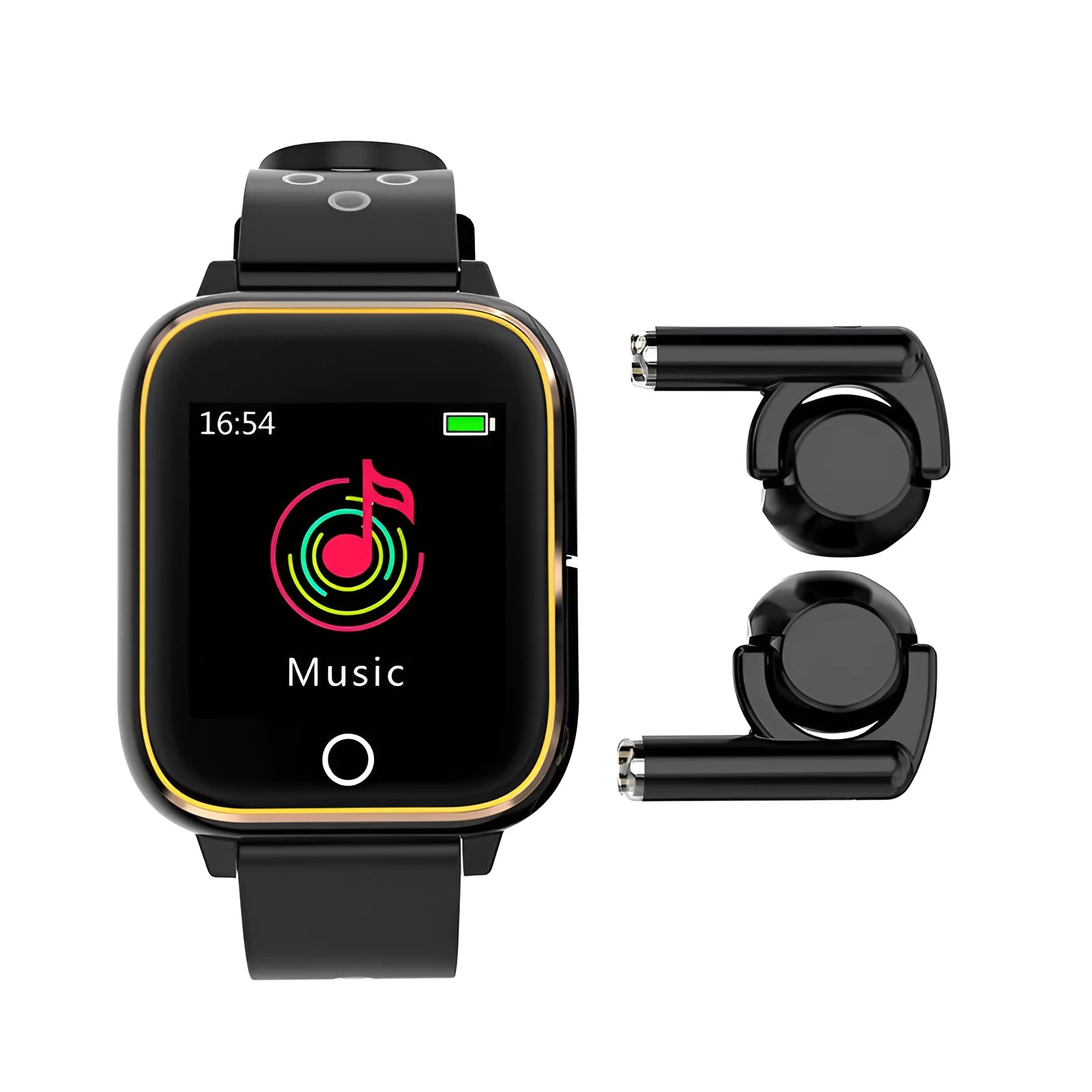 Black smart watch with integrated Bluetooth earbuds stored in the watch body, showing a 1.4-inch display.