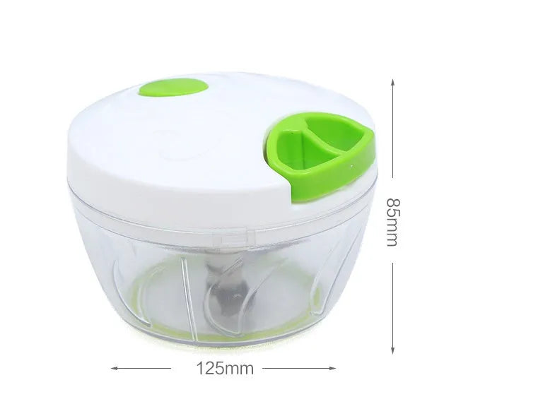 Green manual kitchen chopper with three stainless steel blades and a 500ml container.