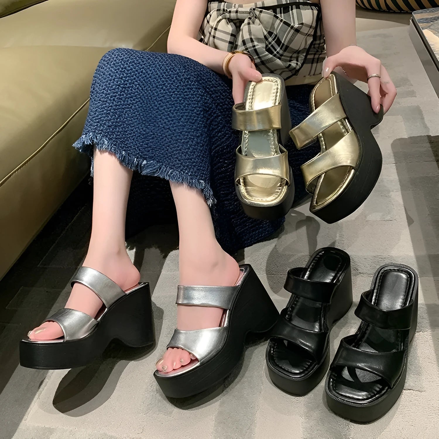 Women's black wedge platform slippers with square toe and high heel design