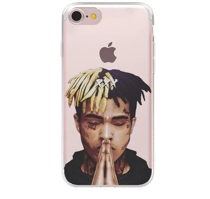 Transparent matte iPhone case with Xxxtentacion pattern, shown on an iPhone.
