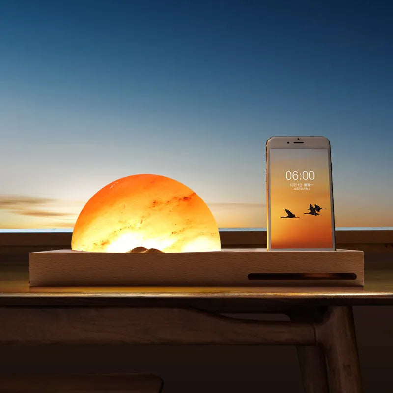 Sunrise Oriental wooden base table lamp with natural crystal salt shade and built-in wireless phone charging.