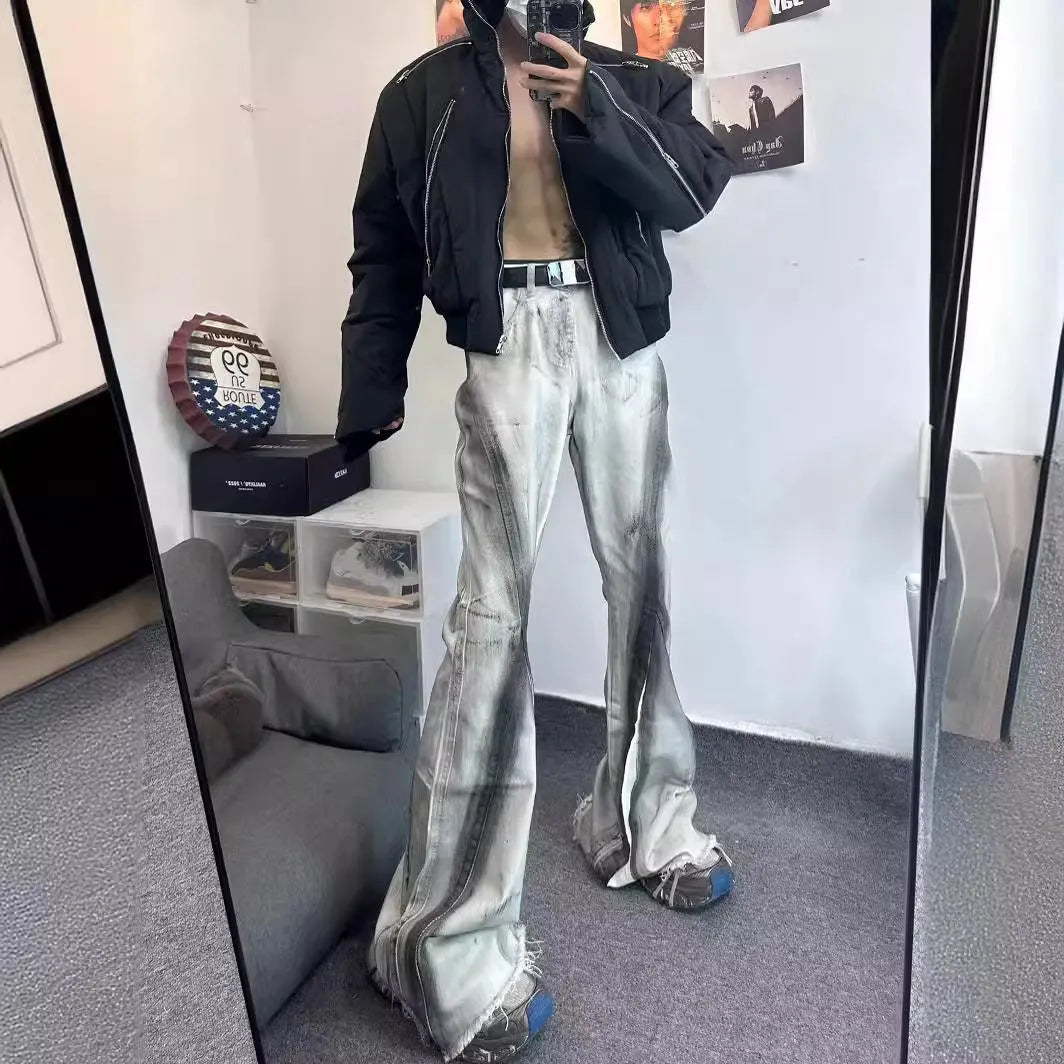 Retro heavy rough selvedge jeans with black ribbon gradient wash on white denim
