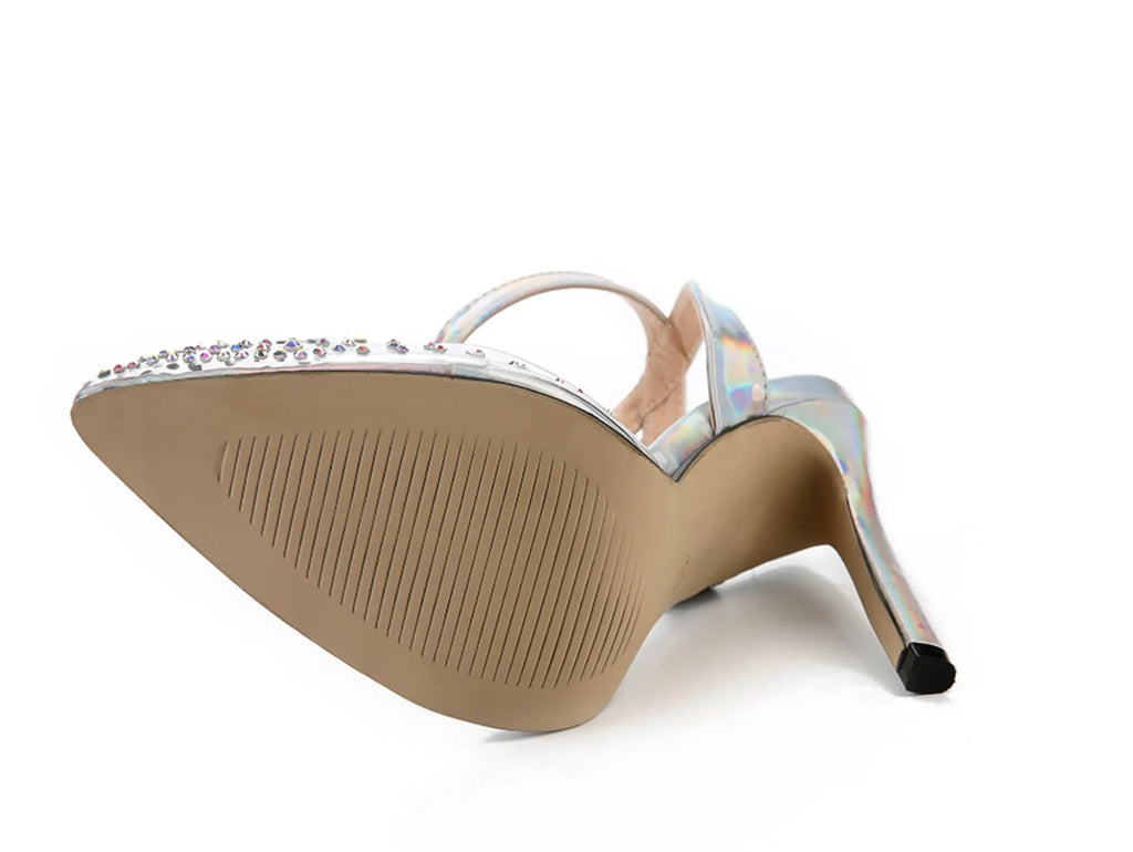 Women's pointed toe diamond sandals with a stiletto heel, showing PVC upper material.