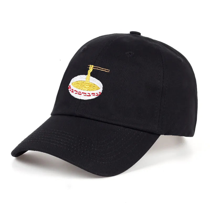 Cotton baseball cap with adjustable size, curling eaves, and dome top in blue, black, white, and pink