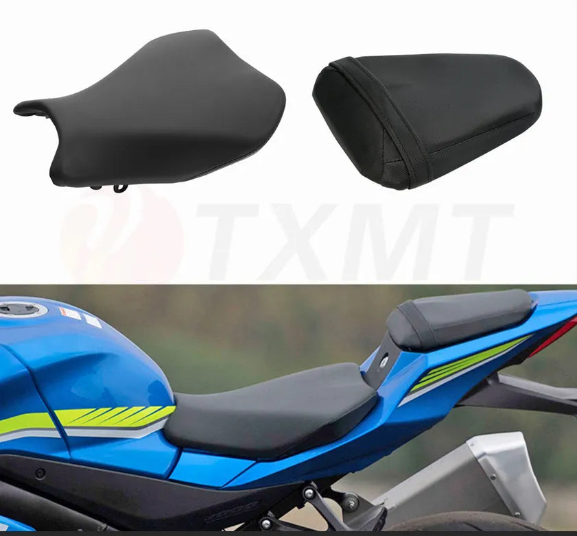 Suzuki GSXR1000 motorcycle with black PU leather front and rear seat covers installed.