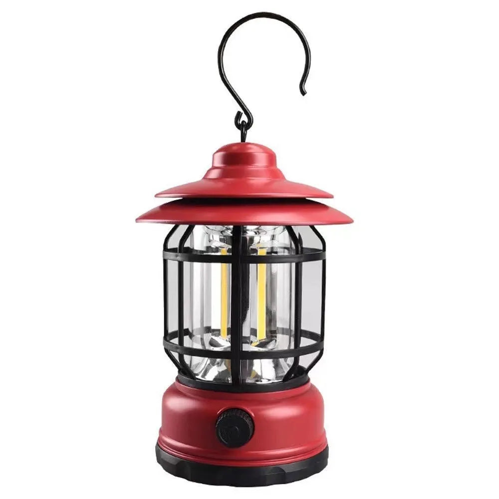 Dark green portable camping lantern with super bright light, shown with dimensions 16.6x6.7x9.6 cm.