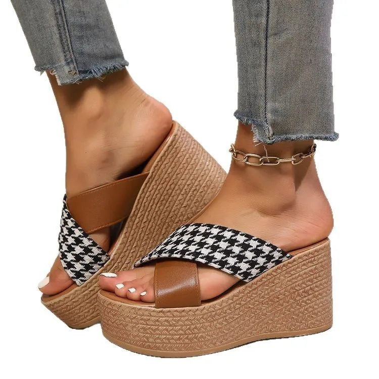 Brown and black plaid wedge sandals with cross leopard pattern and rubber soles