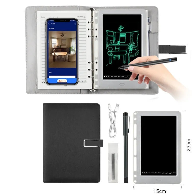 85-inch electronic writing pad with smart pen, shown in black, dark blue, or sky blue with stitching detail.