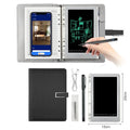85-inch electronic writing pad with smart pen, shown in black, dark blue, or sky blue with stitching detail.