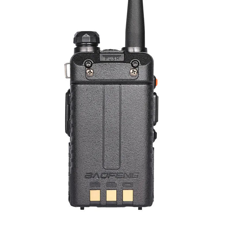 Black dual-band UHF VHF walkie talkie with antenna, showing compact 110x58x32mm dimensions.