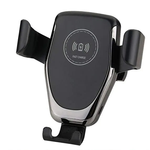 Black car wireless charger mounted on vent holding an iPhone for hands-free charging