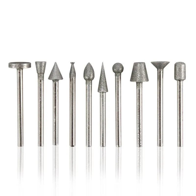 Set of elliptical cone diamond grinding heads for glass and stone carving with 3 mm shank