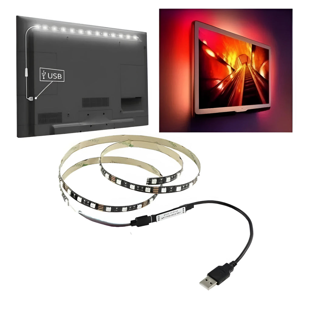 A flexible USB-powered LED light strip with SMD5050 LEDs, showing multiple colour options and a 50cm connecting cable.
