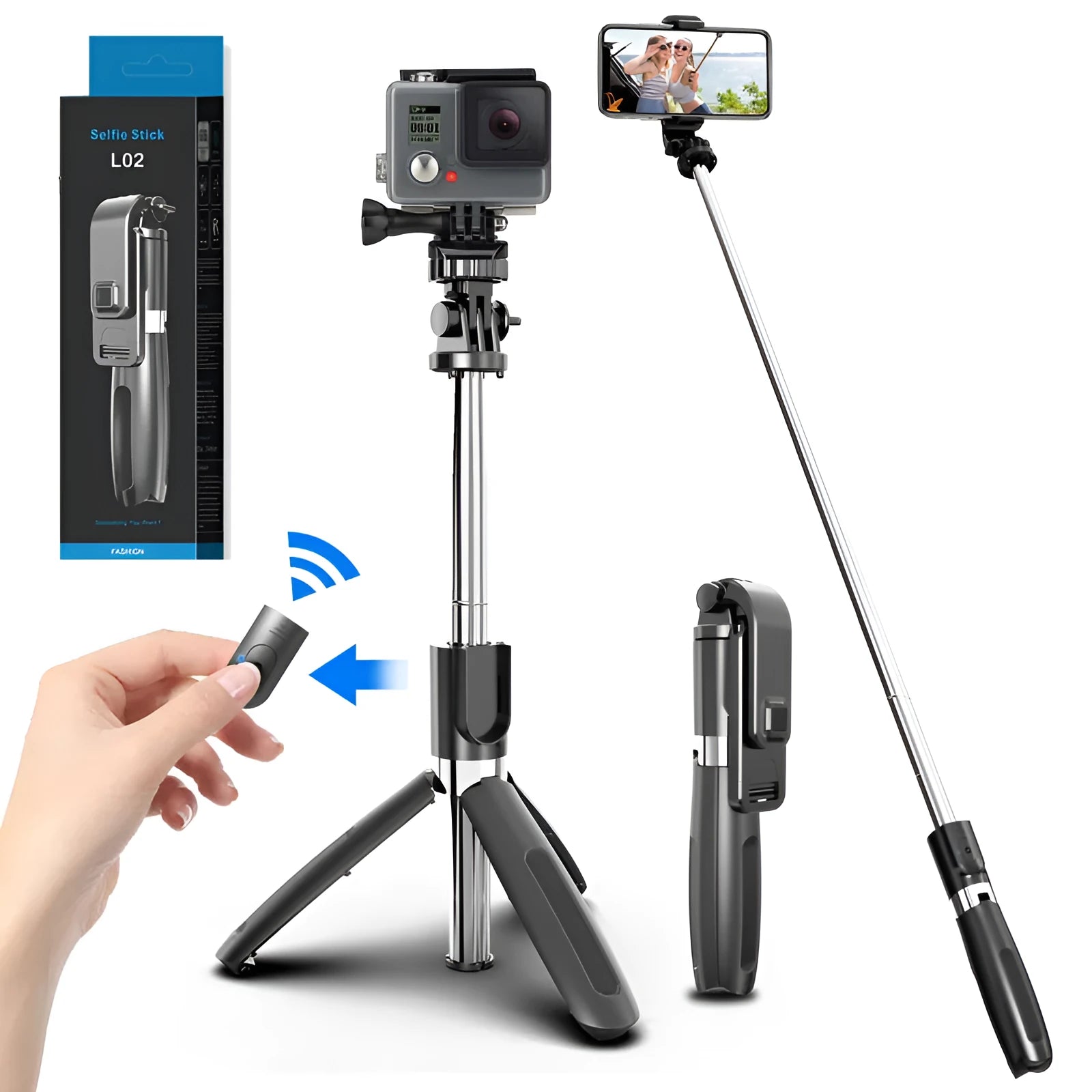 Black extendable Bluetooth selfie stick tripod with wireless remote next to a smartphone