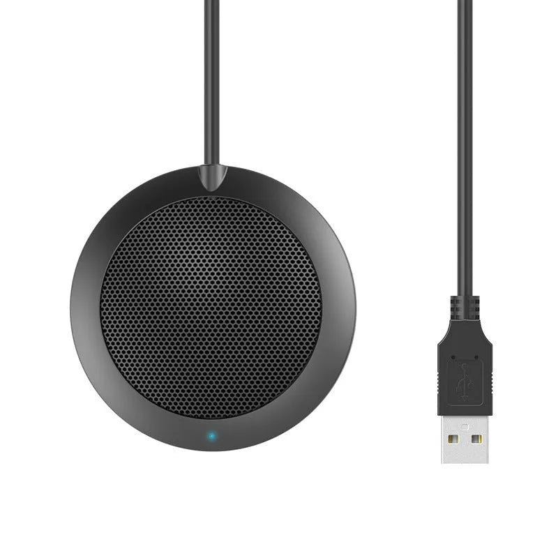 Black USB desktop microphone with metal mesh cover and 70mm diameter for computer recording
