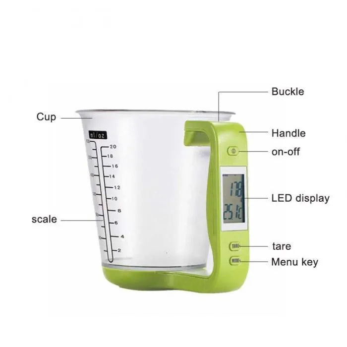 Green electronic kitchen measuring cup scale with LCD display built into handle