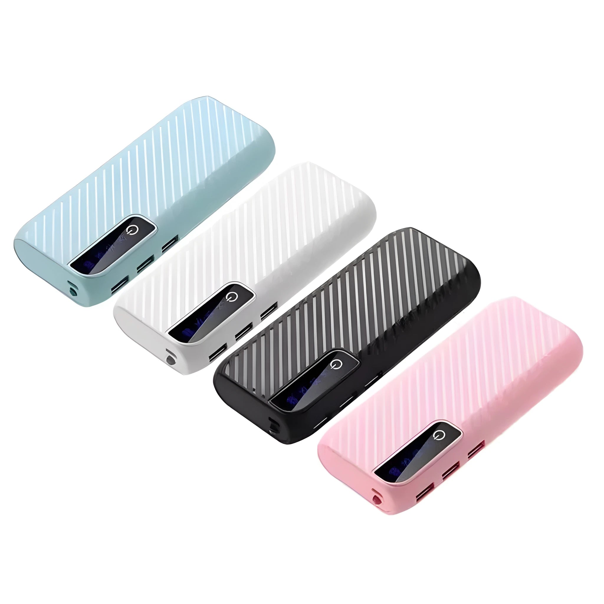 20000mAh portable power bank in black blue pink white colours showing USB charging ports