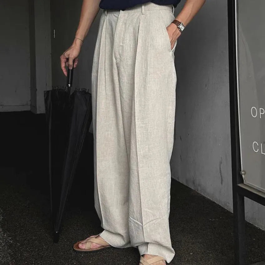 Men's loose wide-leg cotton linen trousers in apricot, army green, and purplish blue colours with Korean style