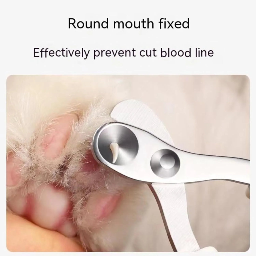 Blue pet nail clippers with circular cutting hole and cushioned handles on a white background