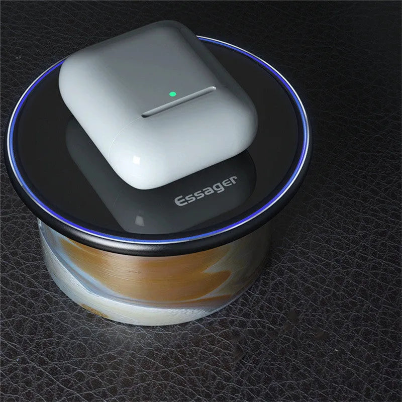 15W Qi wireless charging pad with aluminium surface showing blue LED charging indicator