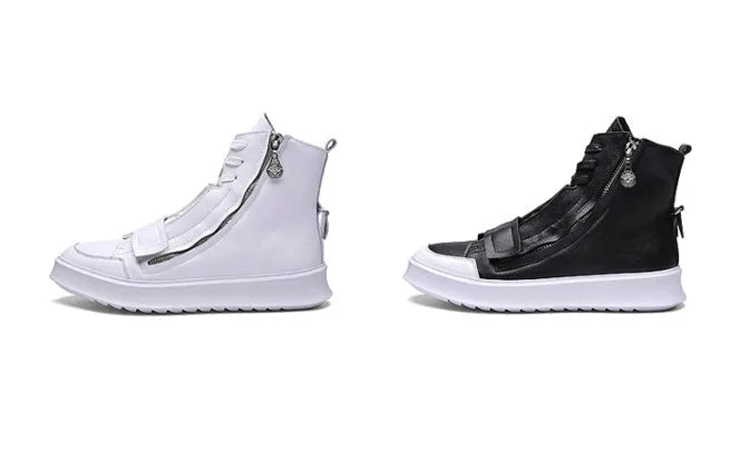 Men's black and white PU leather ankle boots in a high-top sneaker style for winter.