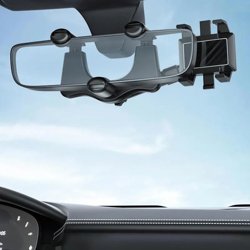Black rearview mirror car phone holder showing adjustable arm and universal four-claw phone grip.