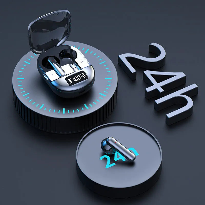 Black and white wireless Bluetooth headset with digital display screen and compact charging case
