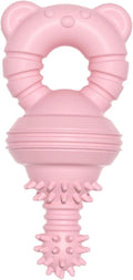 Blue rubber dog chew toy with textured surface and bell inside for dental cleaning and play