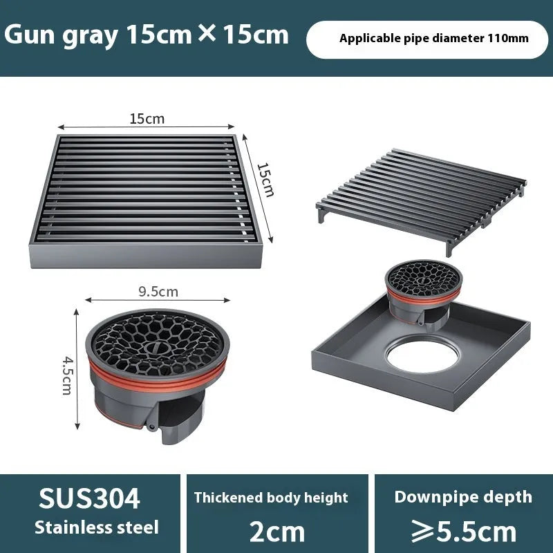 Gun grey 304 stainless steel square courtyard floor drain measuring 15x15cm.