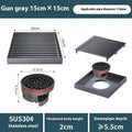 Gun grey 304 stainless steel square courtyard floor drain measuring 15x15cm.