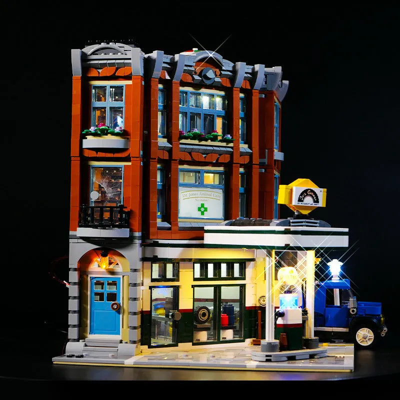 MOC LED lighting accessories kit with plastic components for architectural model corner shop lighting effects