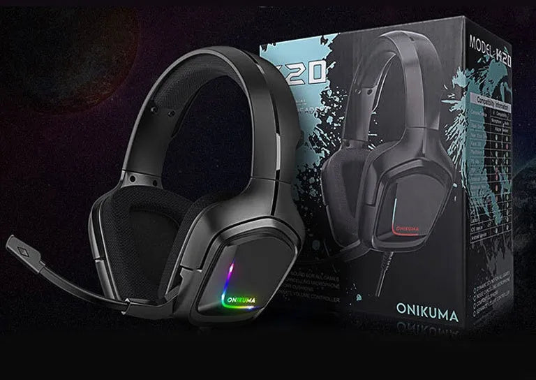 K20 RGB luminous wired gaming headset in black with braided cable and cloth earmuffs
