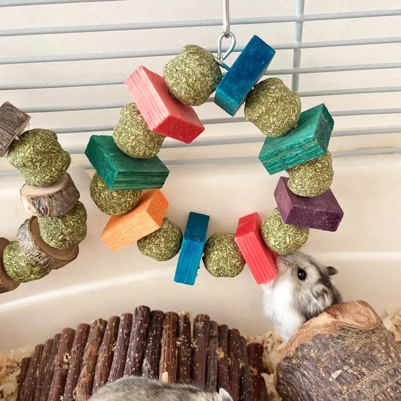 Hamster decorative toy with straw ball ring and applewood chewing rod for guinea pigs and rabbits