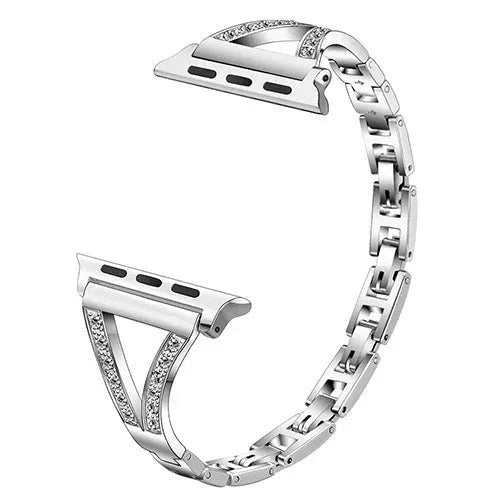 Stainless steel smartwatch band with diamond studs in gold, pink, rose gold, black, and white colour options.