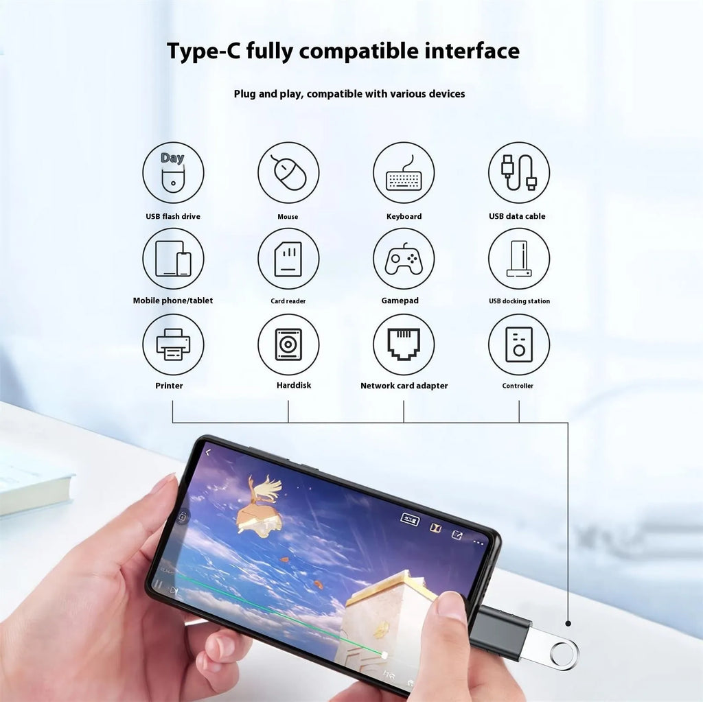 USB-C to USB-A adapter converter with zinc alloy shell in metallic finish