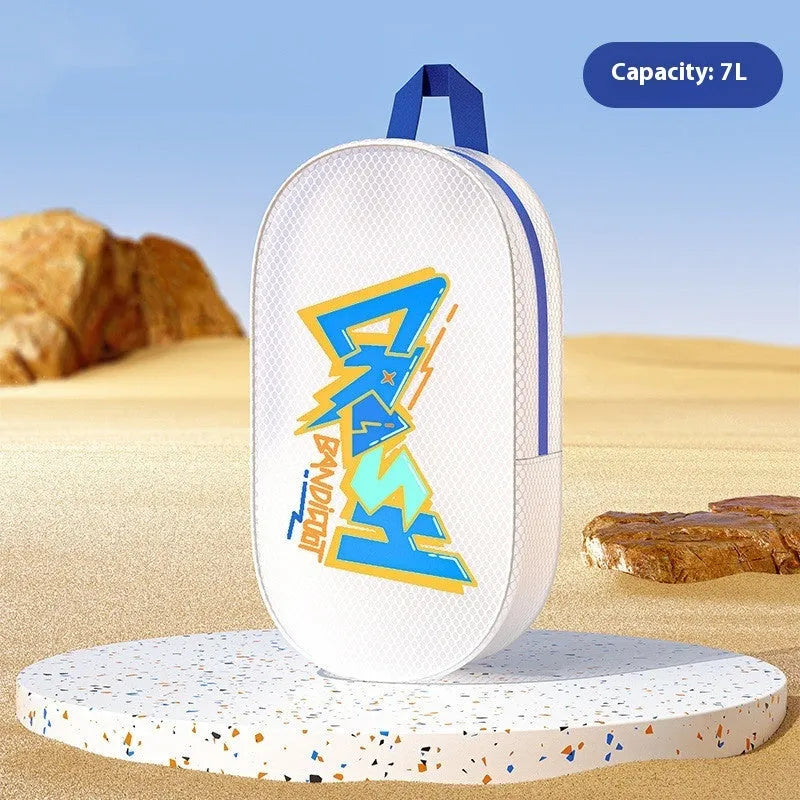 Orange and Violet coloured EVA waterproof storage bags in small and large sizes on a beach towel.