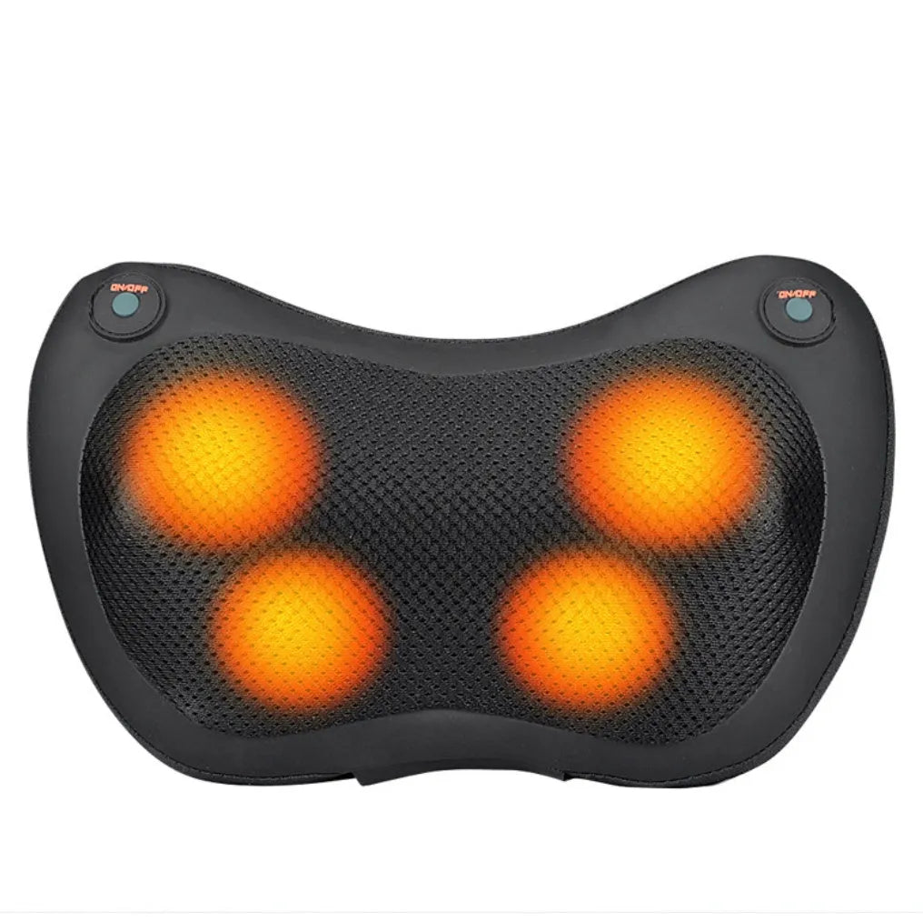 Black cervical vertebra massager cushion with 4 massage heads and infrared heat for car and home use