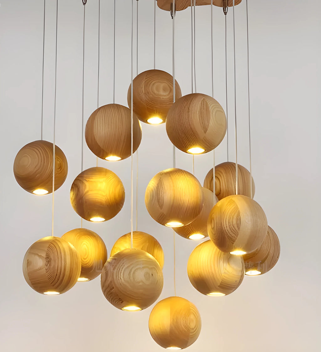 Nordic style wood ball chandelier pendant lamp with solid wood construction and adjustable hanging height