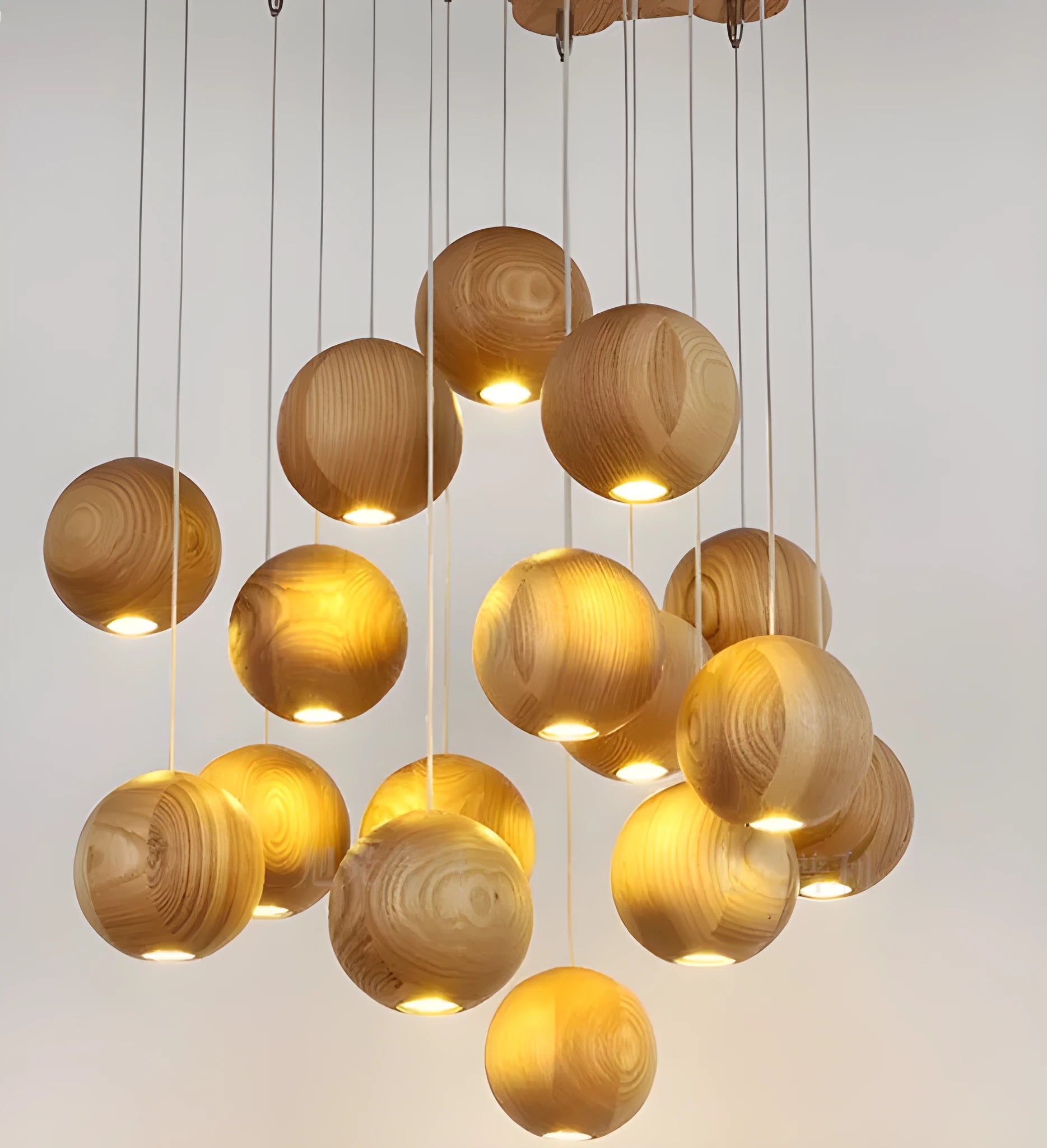 Nordic style wood ball chandelier pendant lamp with solid wood construction and adjustable hanging height