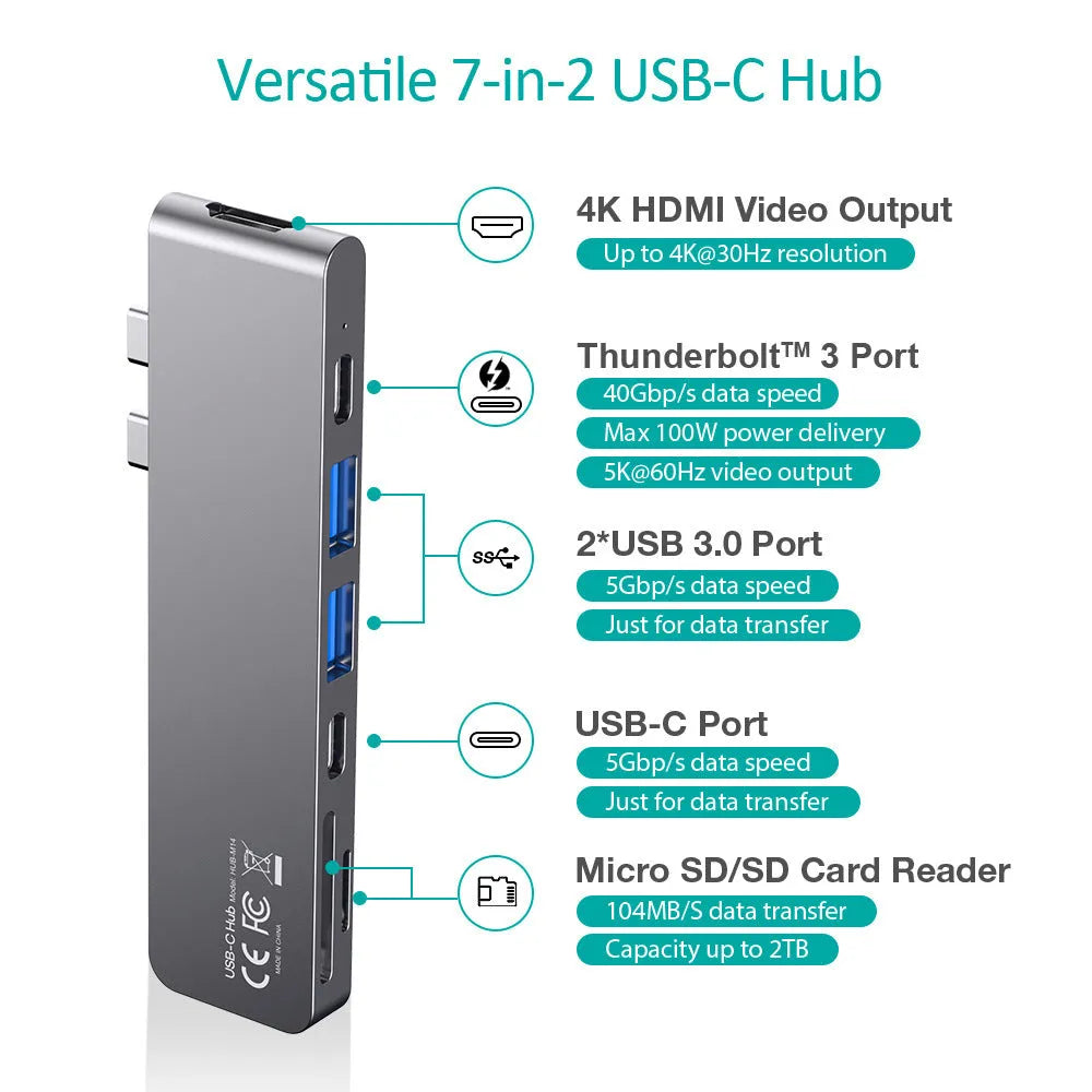 Silver aluminium USB-C hub adapter with SD card slot, HDMI, USB ports, and Thunderbolt 3 connector.